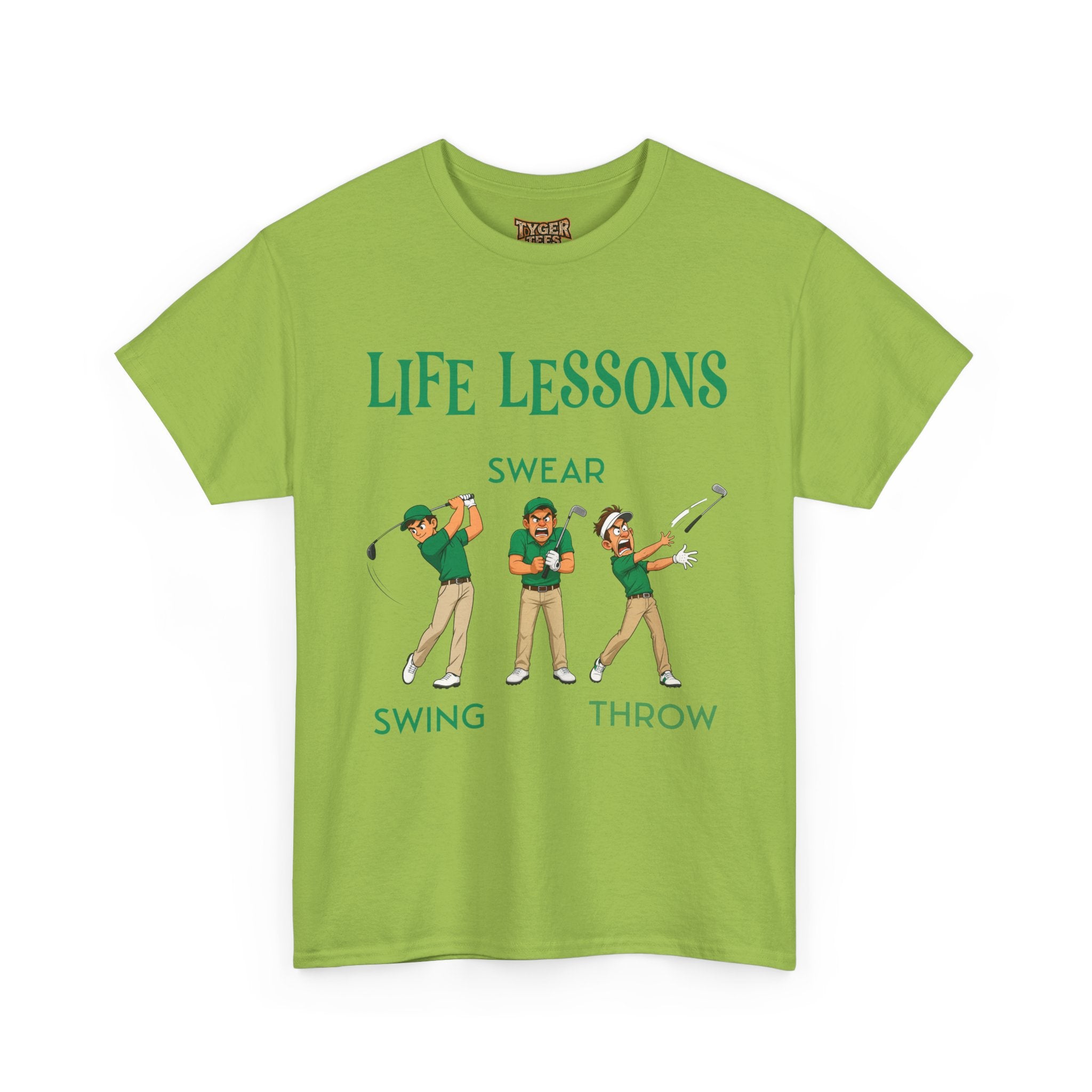 Golf T-Shirt — "Life Lessons: Swear, Swing, Throw" Funny Golfer Tee