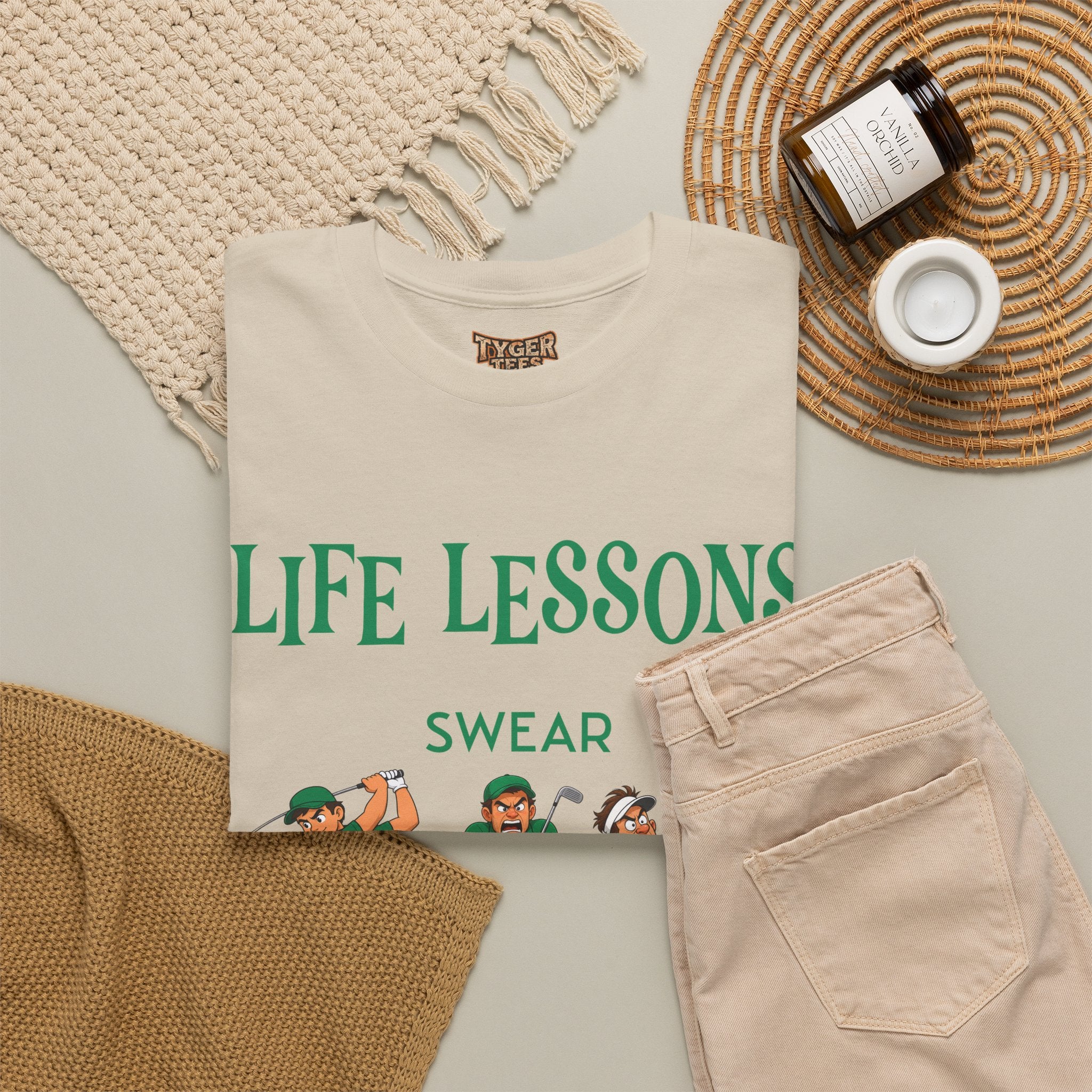 Golf T-Shirt — "Life Lessons: Swear, Swing, Throw" Funny Golfer Tee