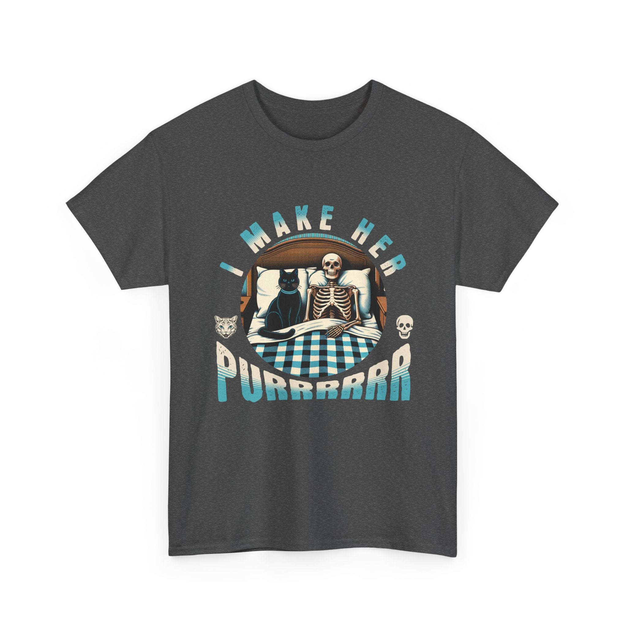 Skeleton Cat Tee — "I Make Her Purrrrrr" Funny Gothic Halloween Shirt