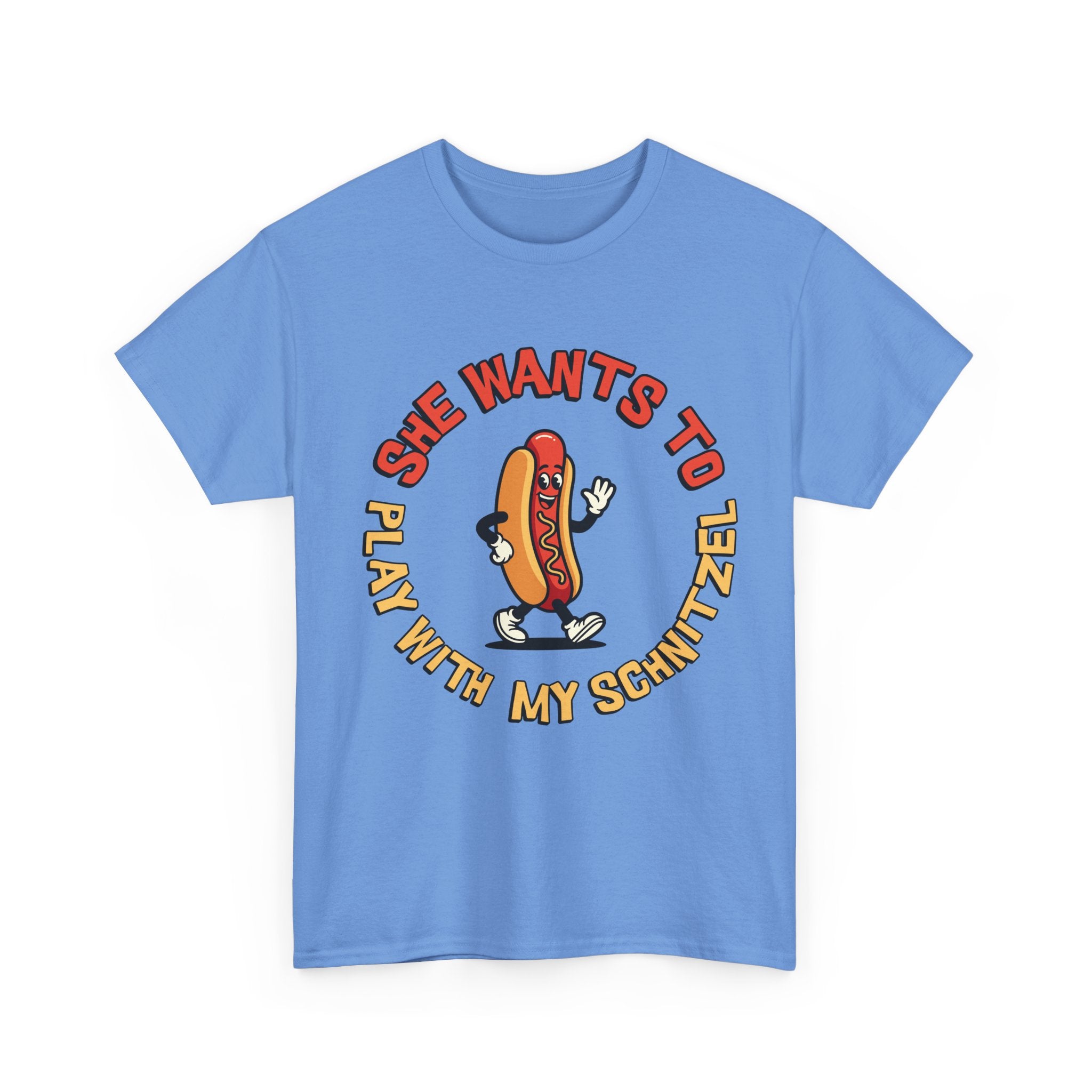 Hot Dog Graphic Tee - "She Wants To Play With My Schnitzel" Funny Retro Food Shirt