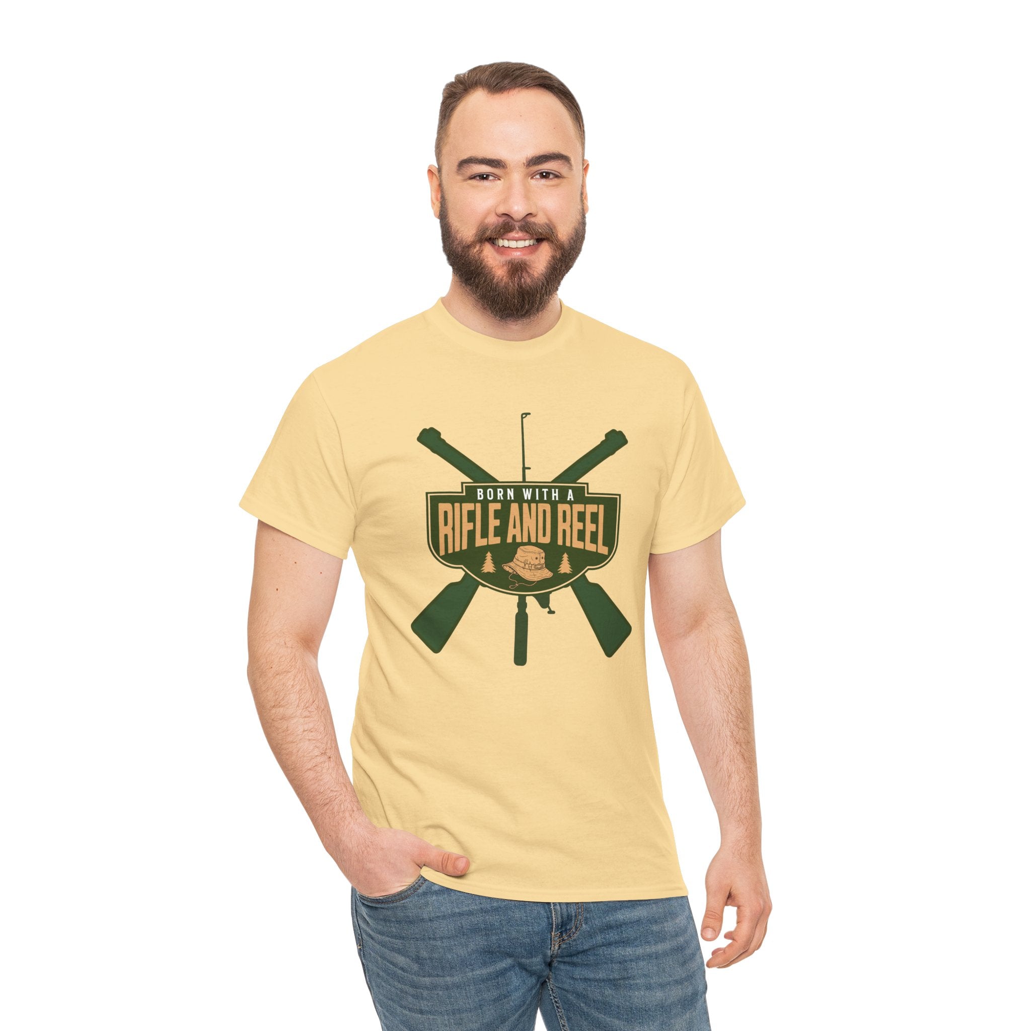 Rifle and Reel T-Shirt — "Born With a Rifle and Reel" Hunting & Fishing Graphic Tee