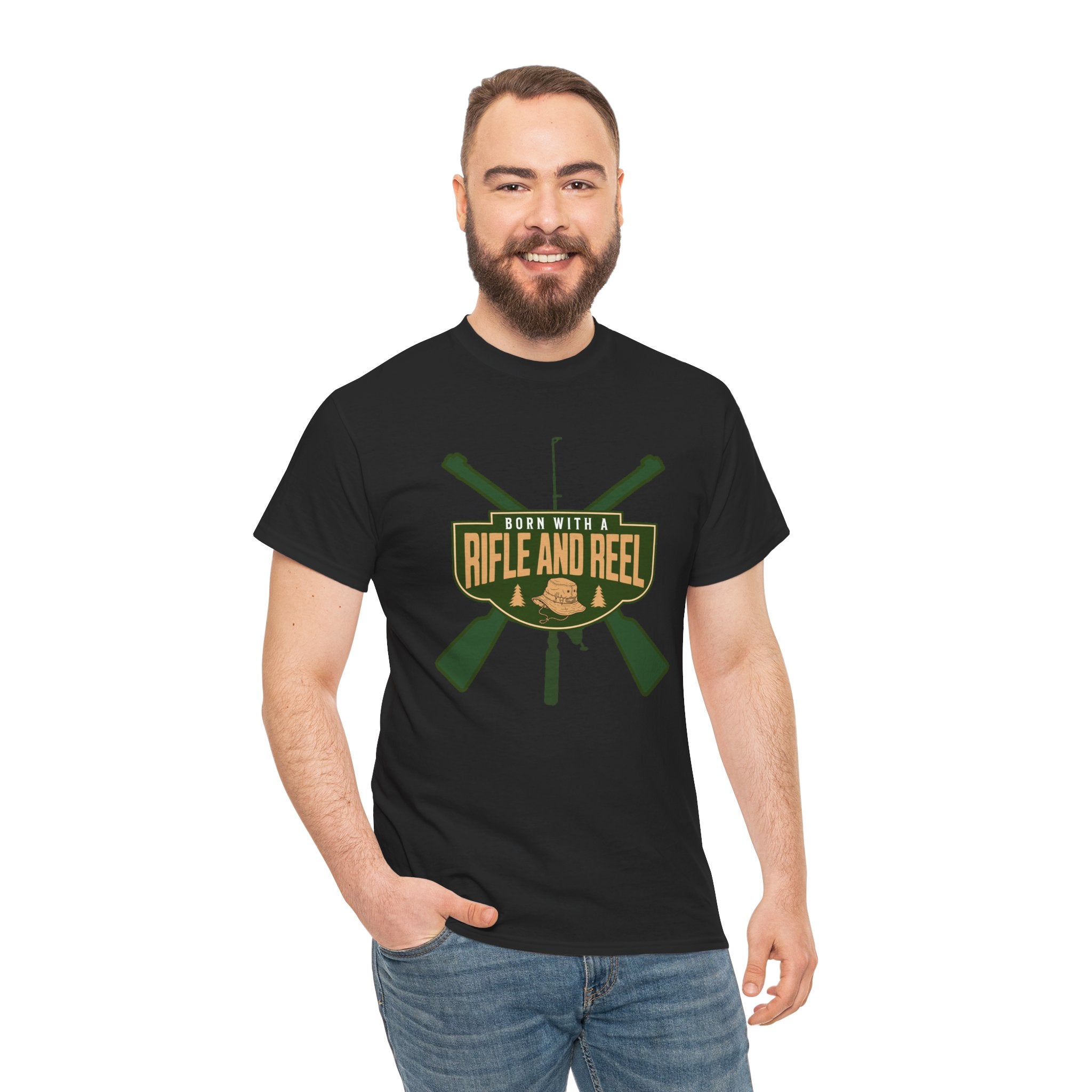 Rifle and Reel T-Shirt — "Born With a Rifle and Reel" Hunting & Fishing Graphic Tee
