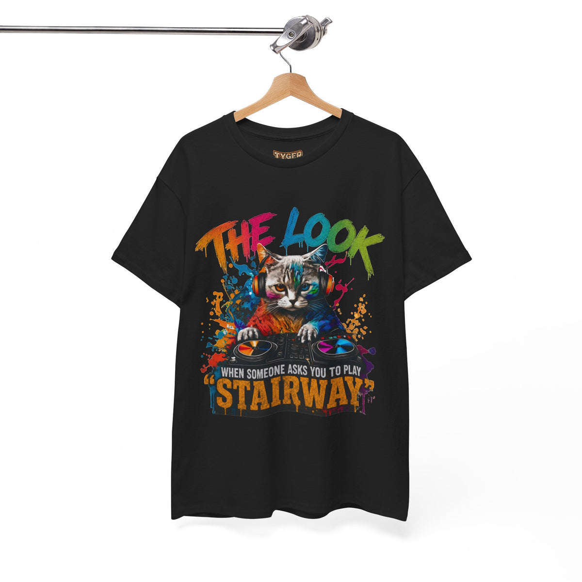 Cat DJ T‑Shirt — “The Look When Someone Asks You to Play ‘Stairway’”