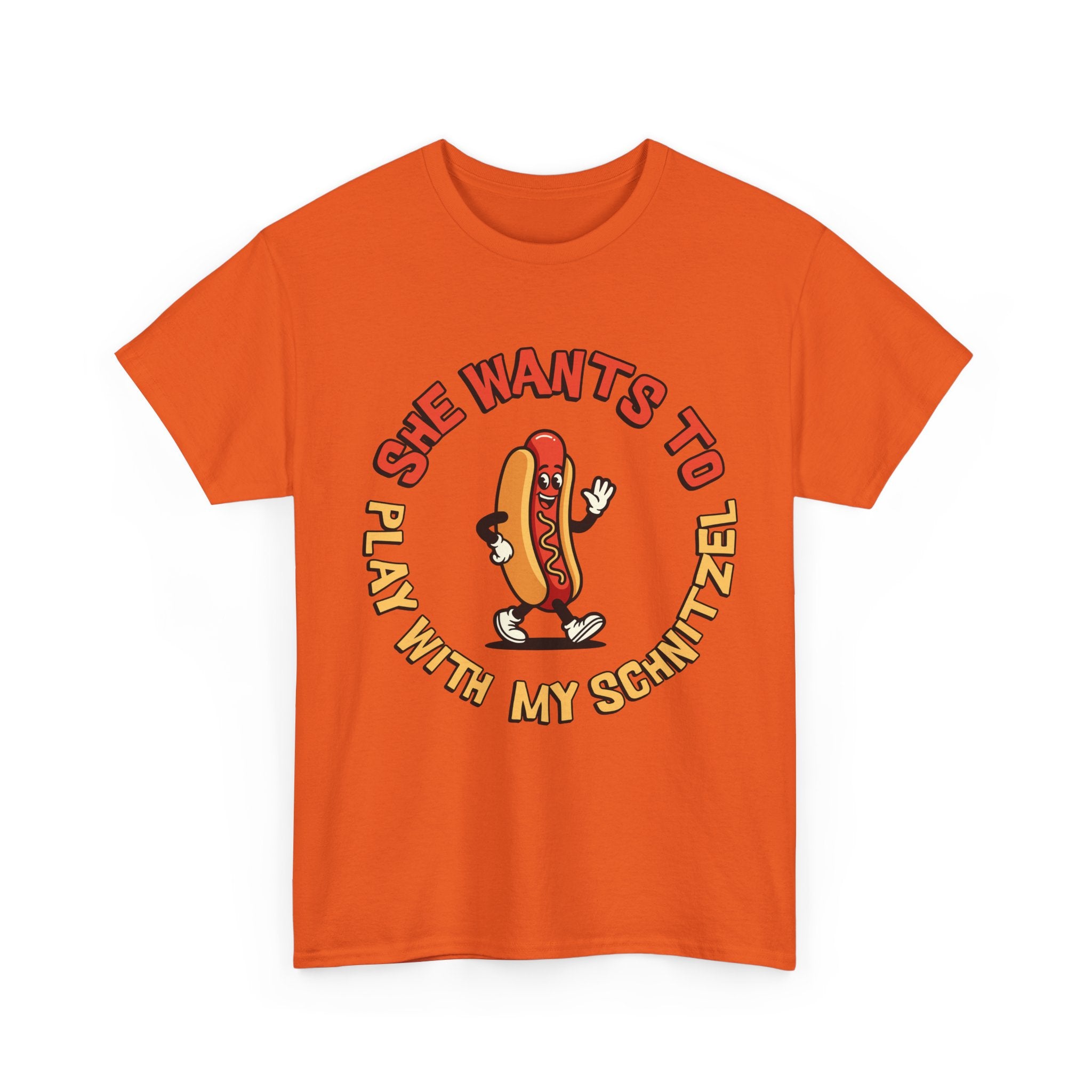 Hot Dog Graphic Tee - "She Wants To Play With My Schnitzel" Funny Retro Food Shirt