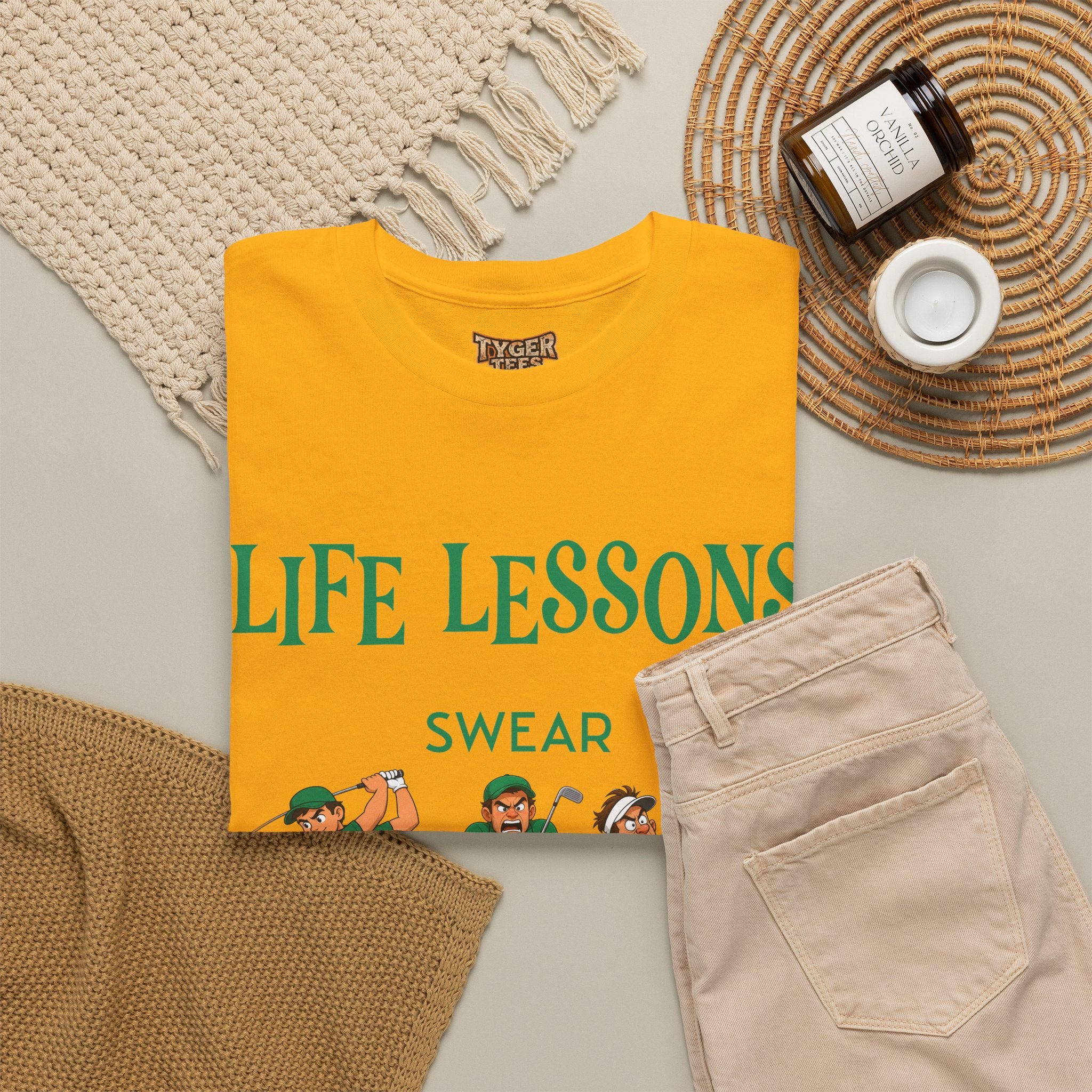 Golf T-Shirt — "Life Lessons: Swear, Swing, Throw" Funny Golfer Tee