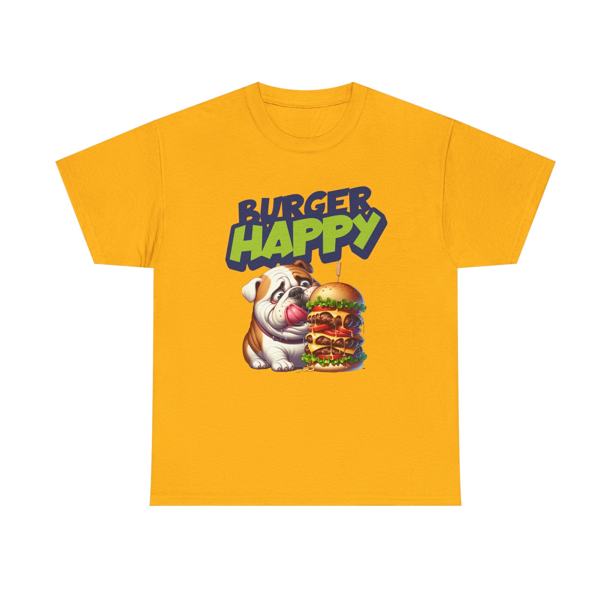 Burger Happy Bulldog T-Shirt — Cute Bulldog with Giant Burger Graphic
