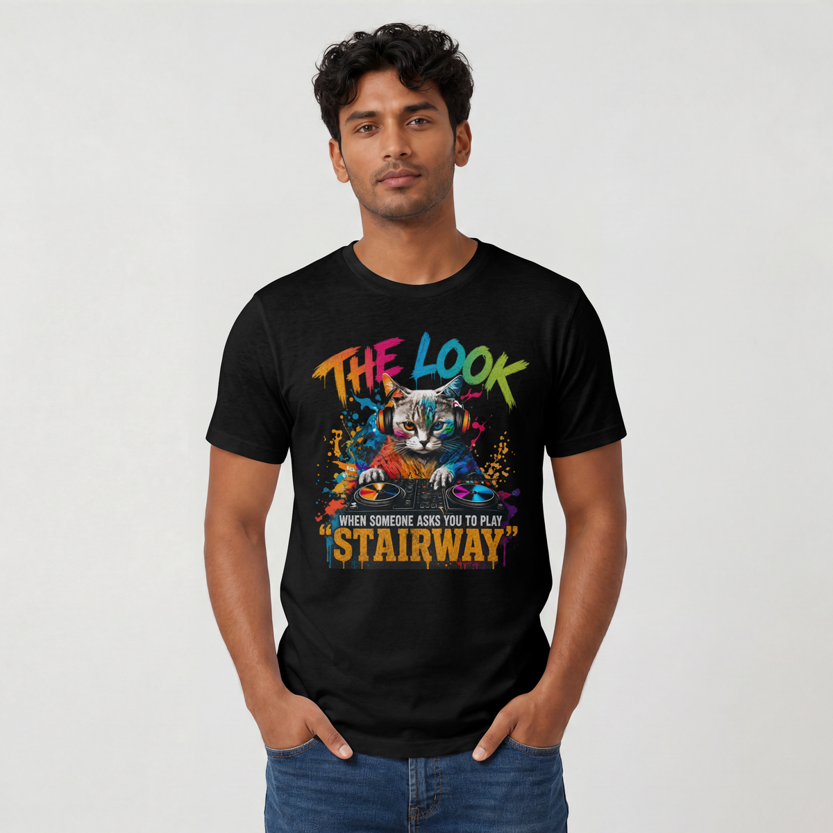 Cat DJ T‑Shirt — “The Look When Someone Asks You to Play ‘Stairway’”