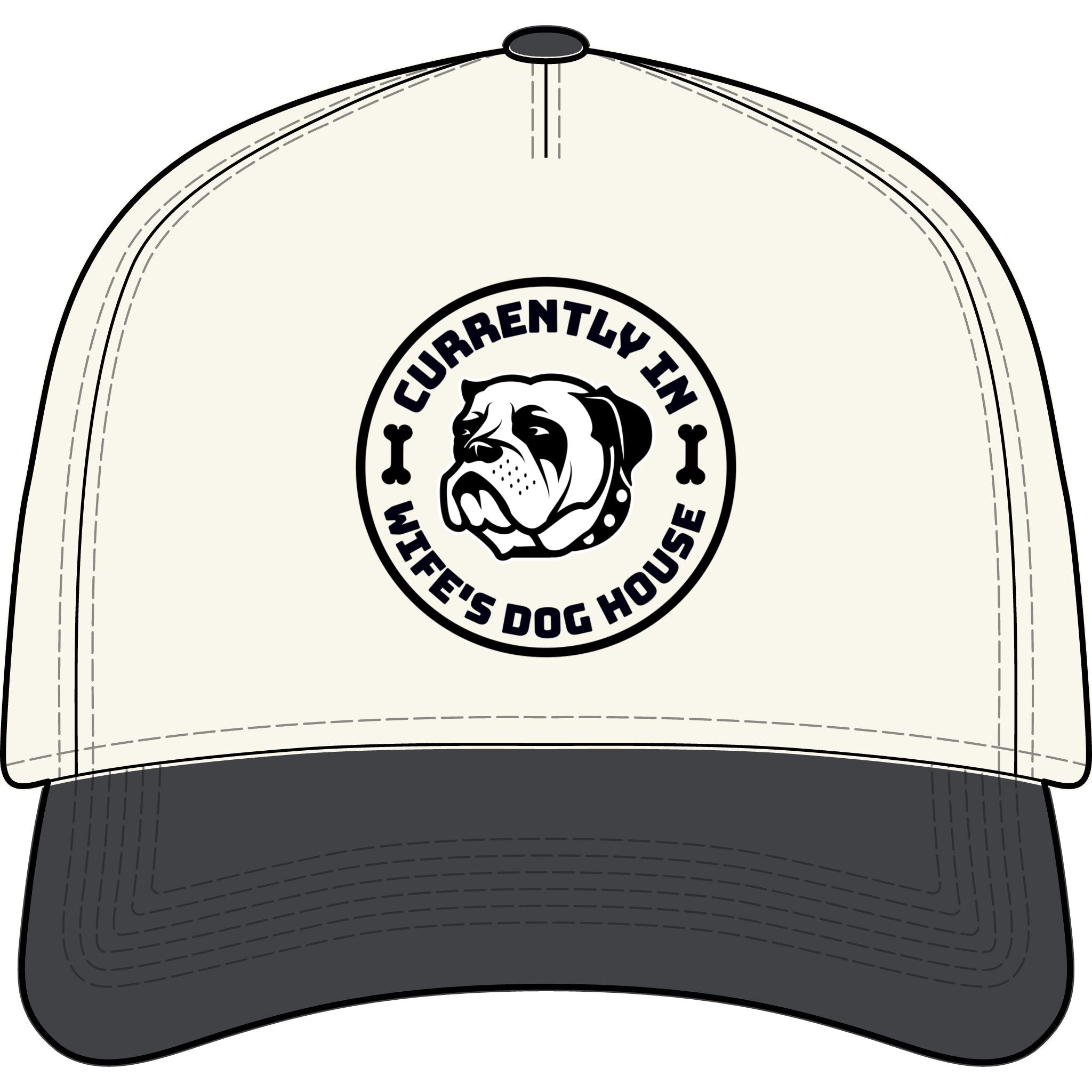 “Currently In Wife’s Dog House” Two-Tone Baseball Cap – Funny Bulldog Dad Hat