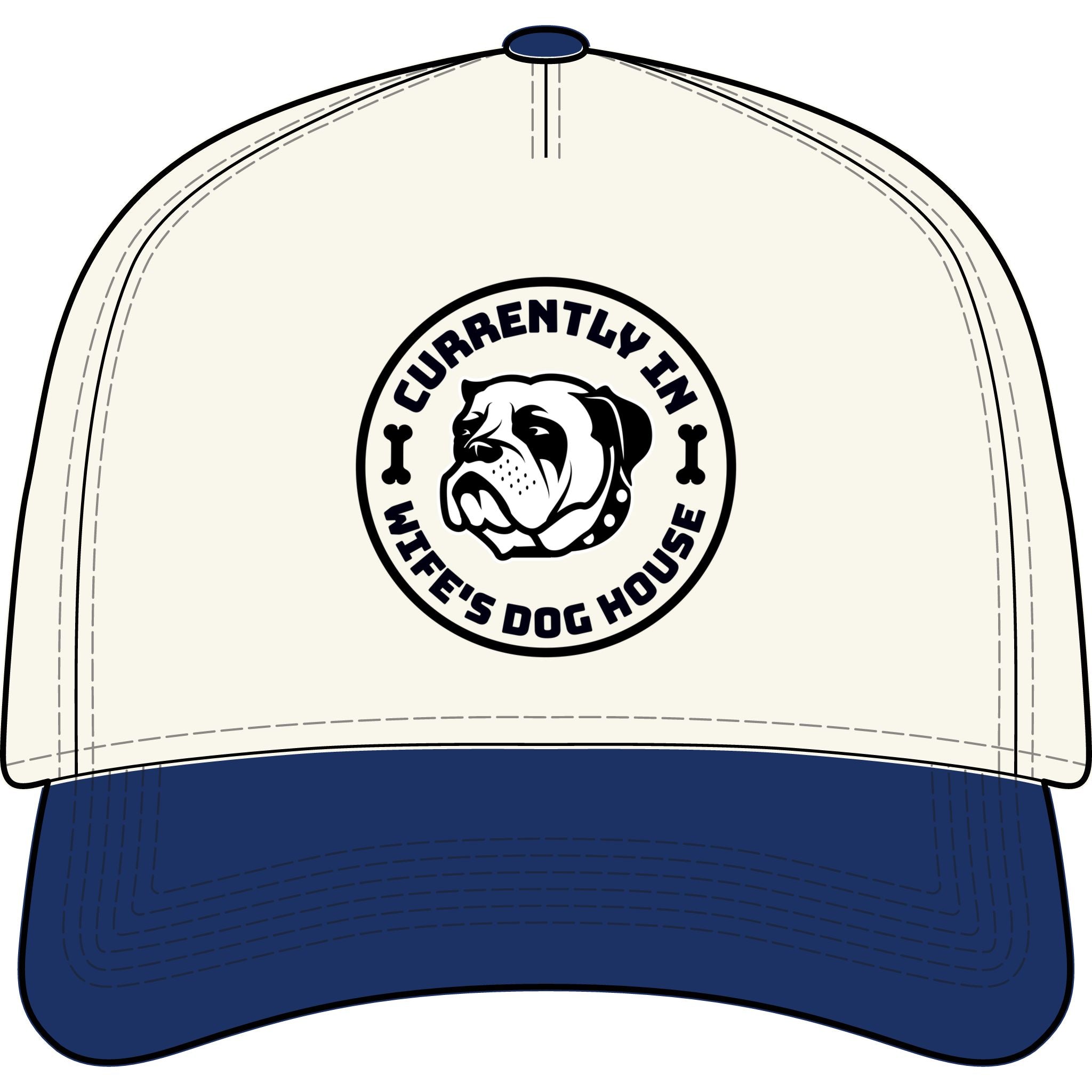 “Currently In Wife’s Dog House” Two-Tone Baseball Cap – Funny Bulldog Dad Hat