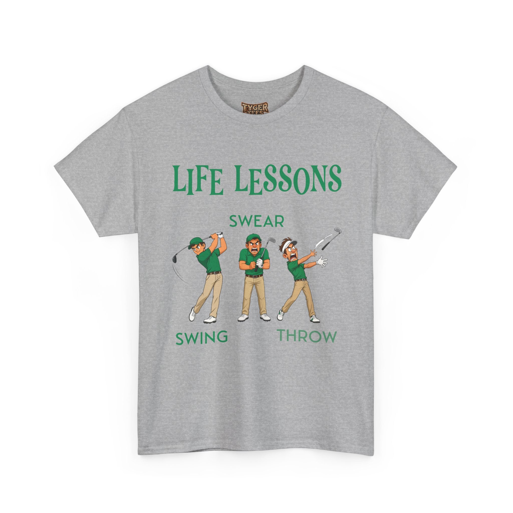 Golf T-Shirt — "Life Lessons: Swear, Swing, Throw" Funny Golfer Tee