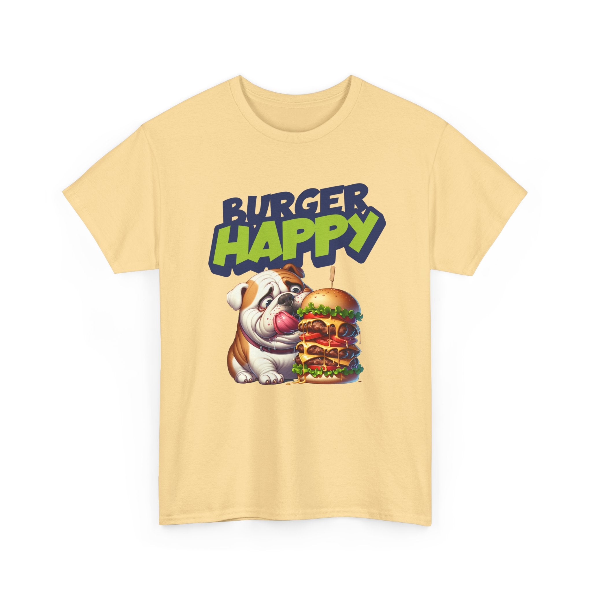 Burger Happy Bulldog T-Shirt — Cute Bulldog with Giant Burger Graphic