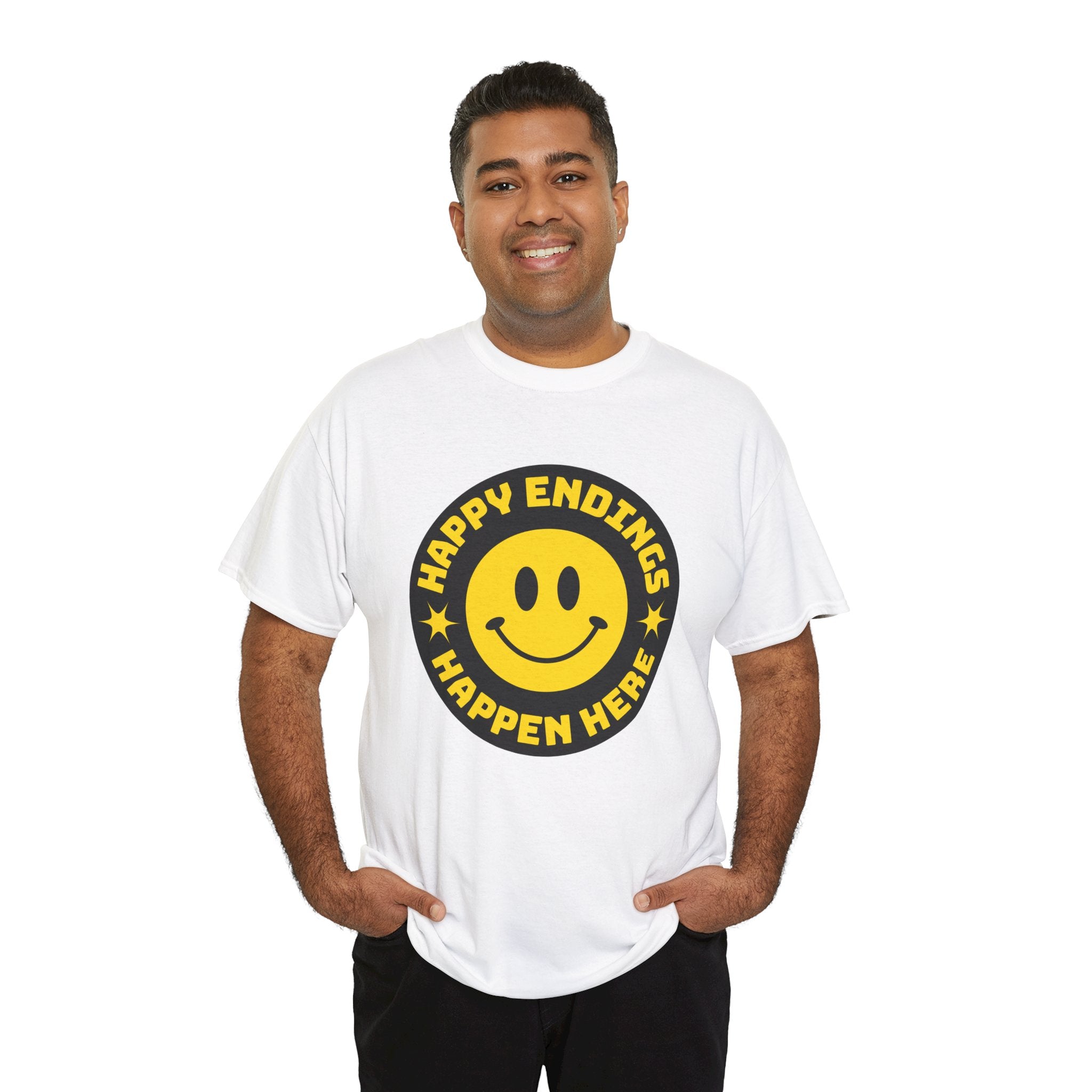 Happy Endings Happen Here – Funny Smiley Face T-Shirt