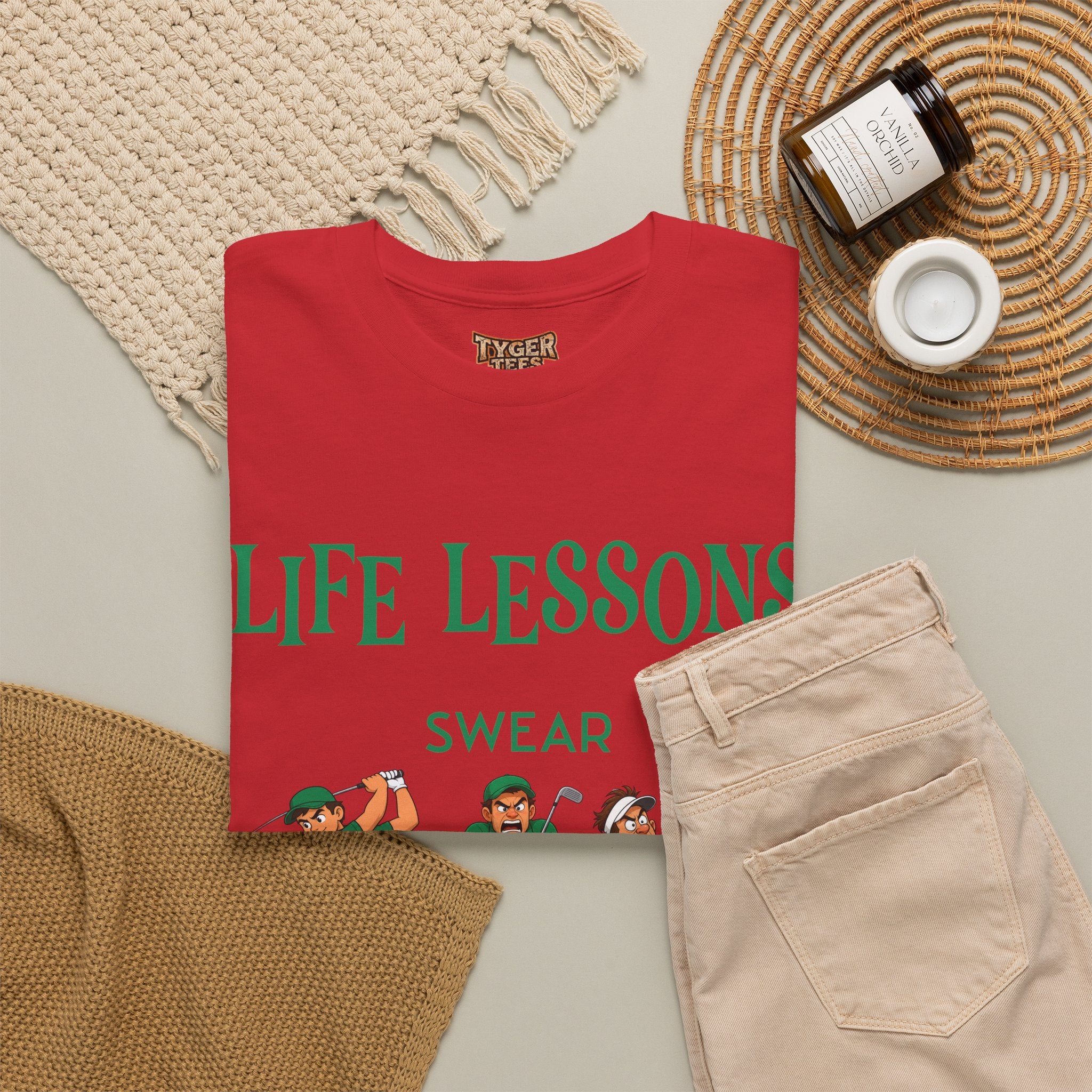 Golf T-Shirt — "Life Lessons: Swear, Swing, Throw" Funny Golfer Tee