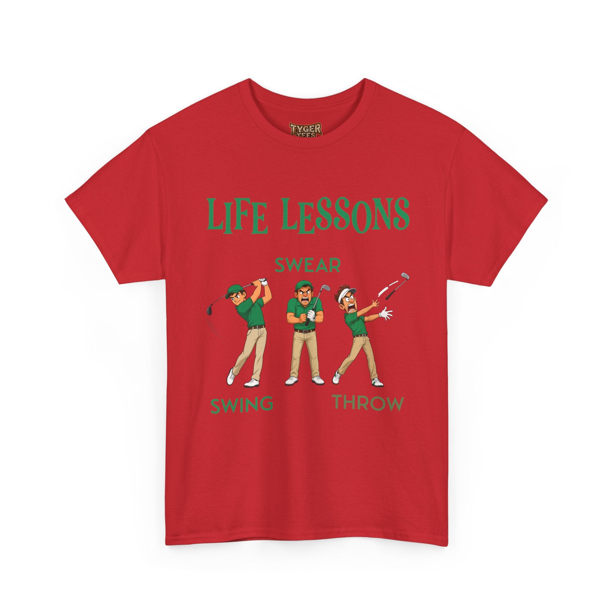Golf T-Shirt — "Life Lessons: Swear, Swing, Throw" Funny Golfer Tee