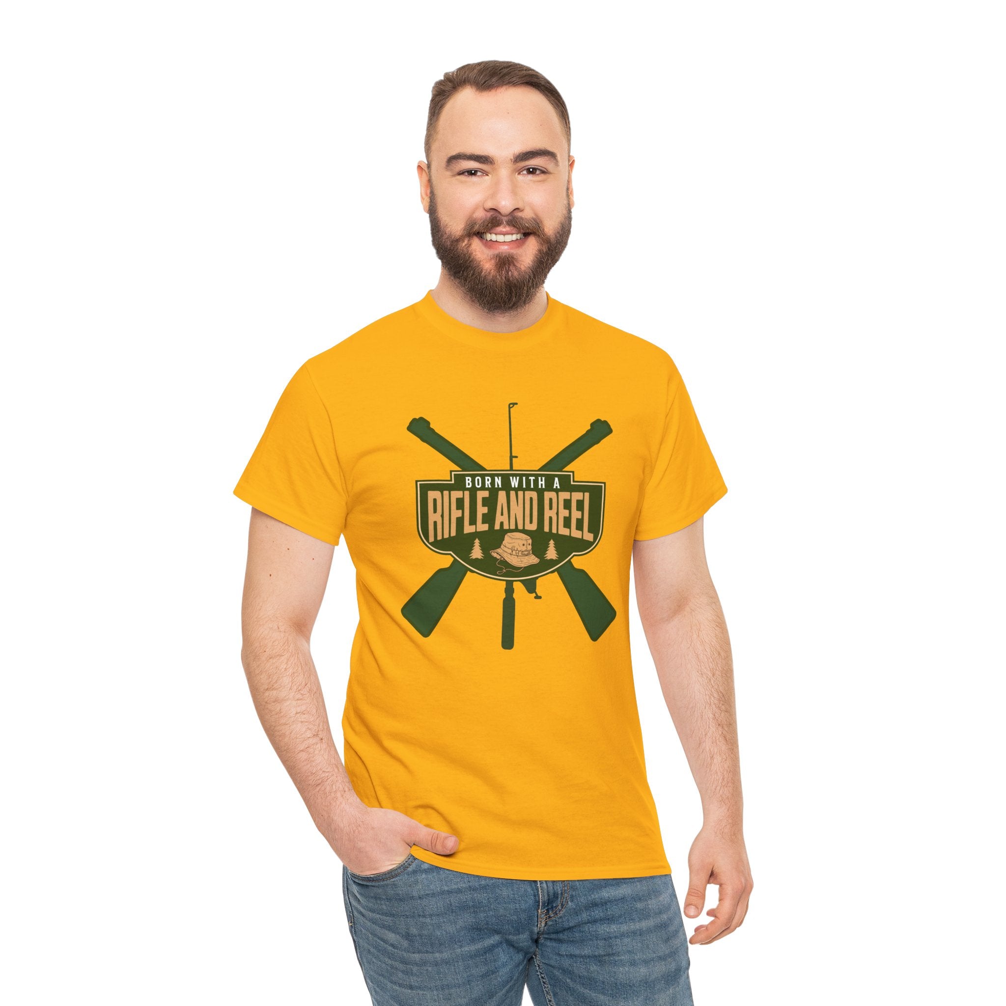 Rifle and Reel T-Shirt — "Born With a Rifle and Reel" Hunting & Fishing Graphic Tee