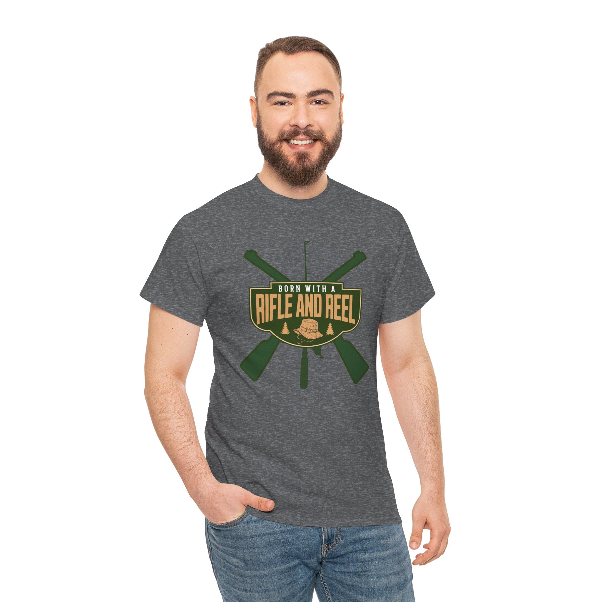 Rifle and Reel T-Shirt — "Born With a Rifle and Reel" Hunting & Fishing Graphic Tee