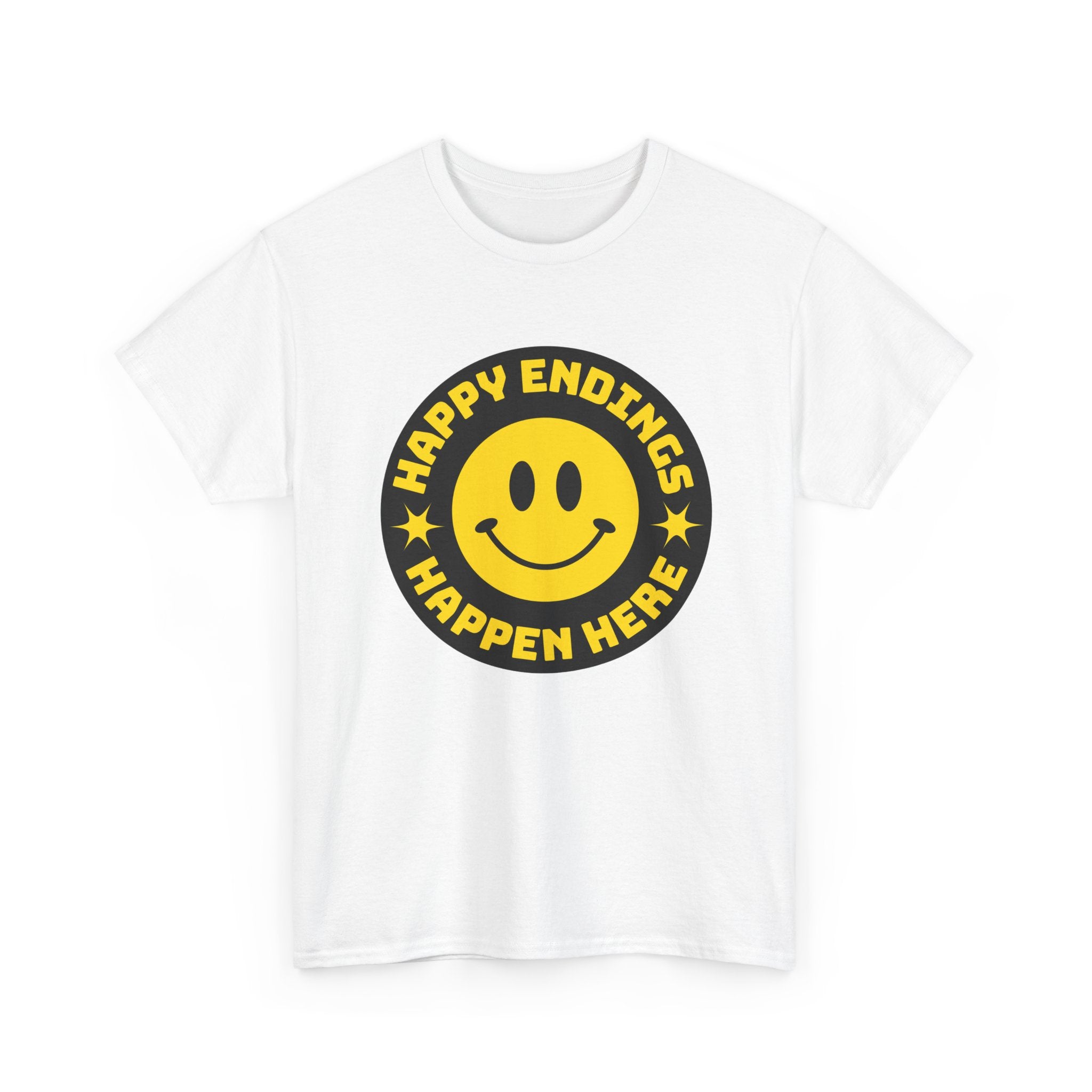Happy Endings Happen Here – Funny Smiley Face T-Shirt