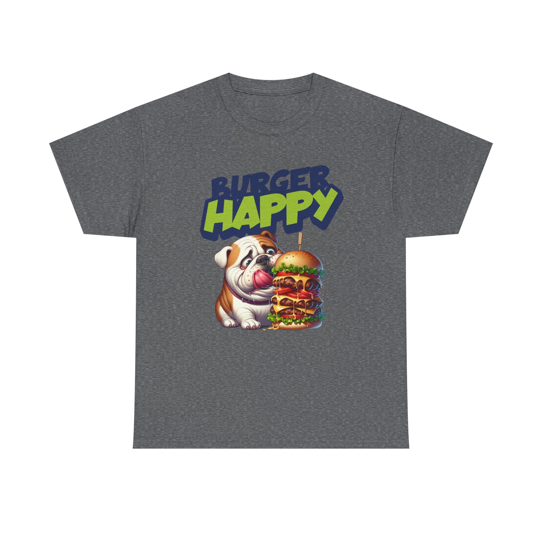 Burger Happy Bulldog T-Shirt — Cute Bulldog with Giant Burger Graphic