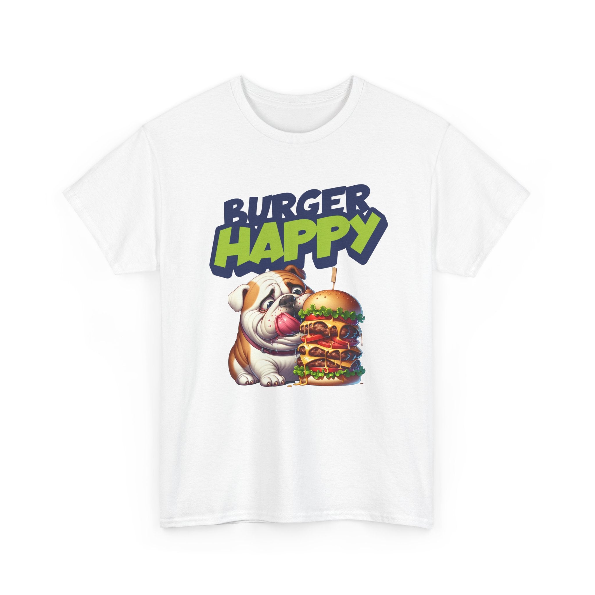 Burger Happy Bulldog T-Shirt — Cute Bulldog with Giant Burger Graphic