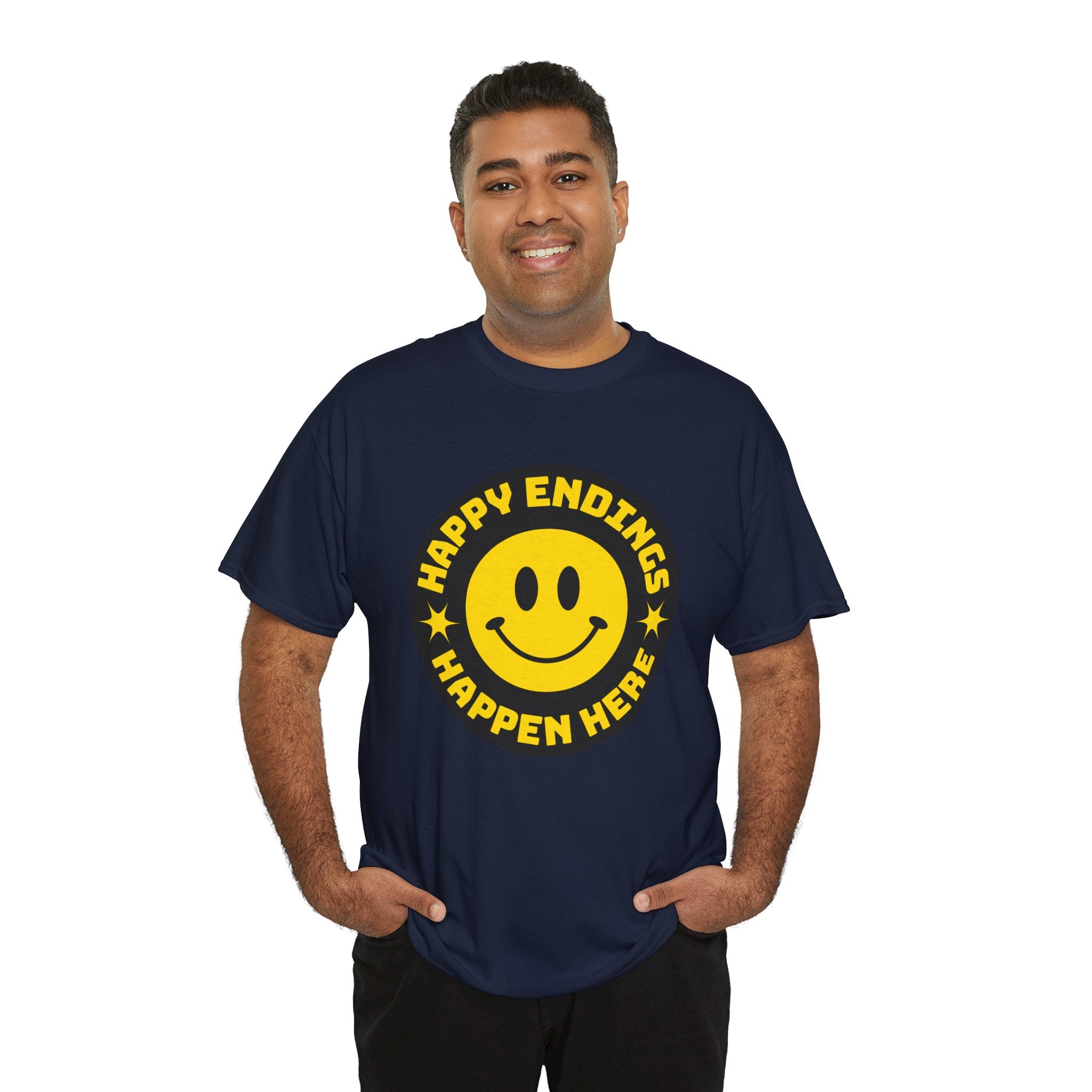 Happy Endings Happen Here – Funny Smiley Face T-Shirt