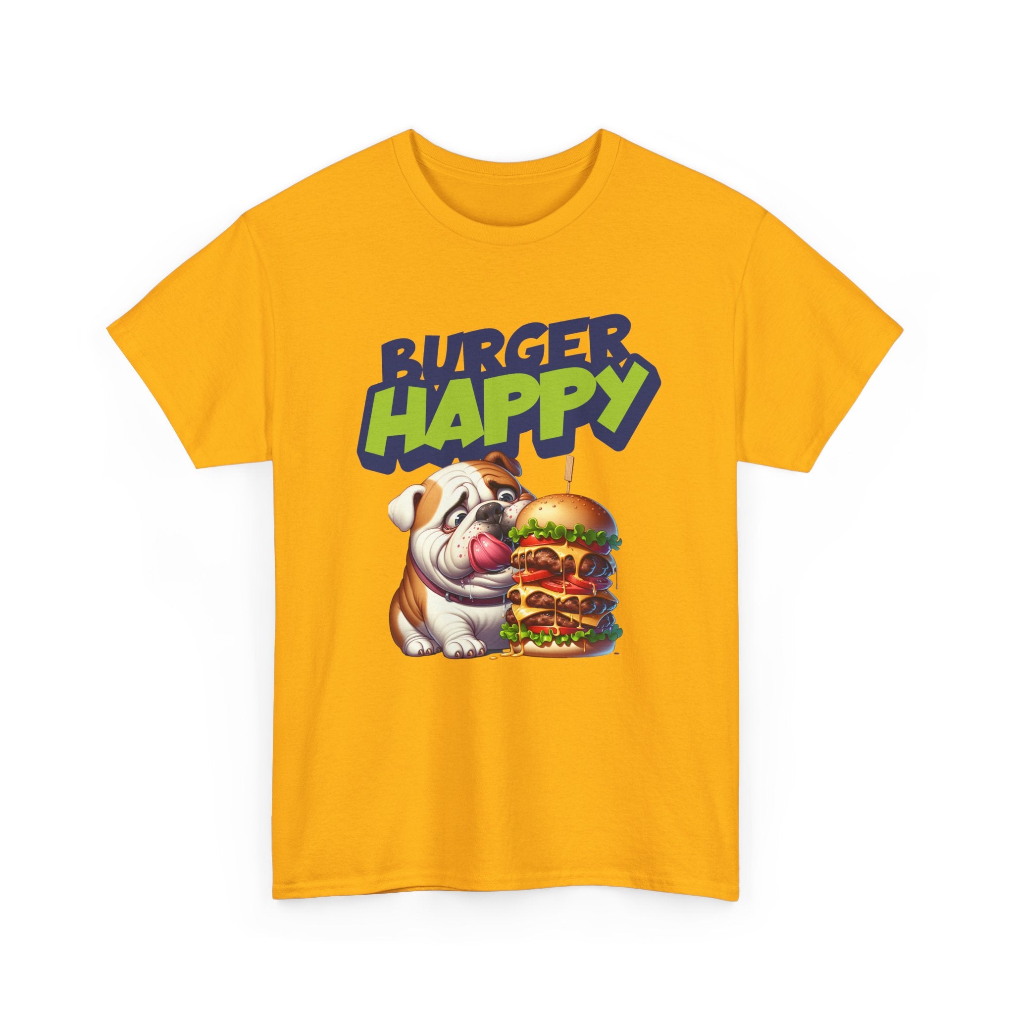 Burger Happy Bulldog T-Shirt — Cute Bulldog with Giant Burger Graphic