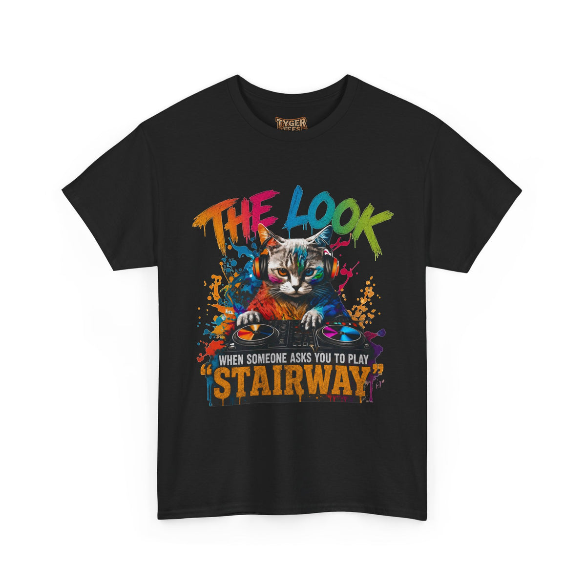 Cat DJ T‑Shirt — “The Look When Someone Asks You to Play ‘Stairway’”