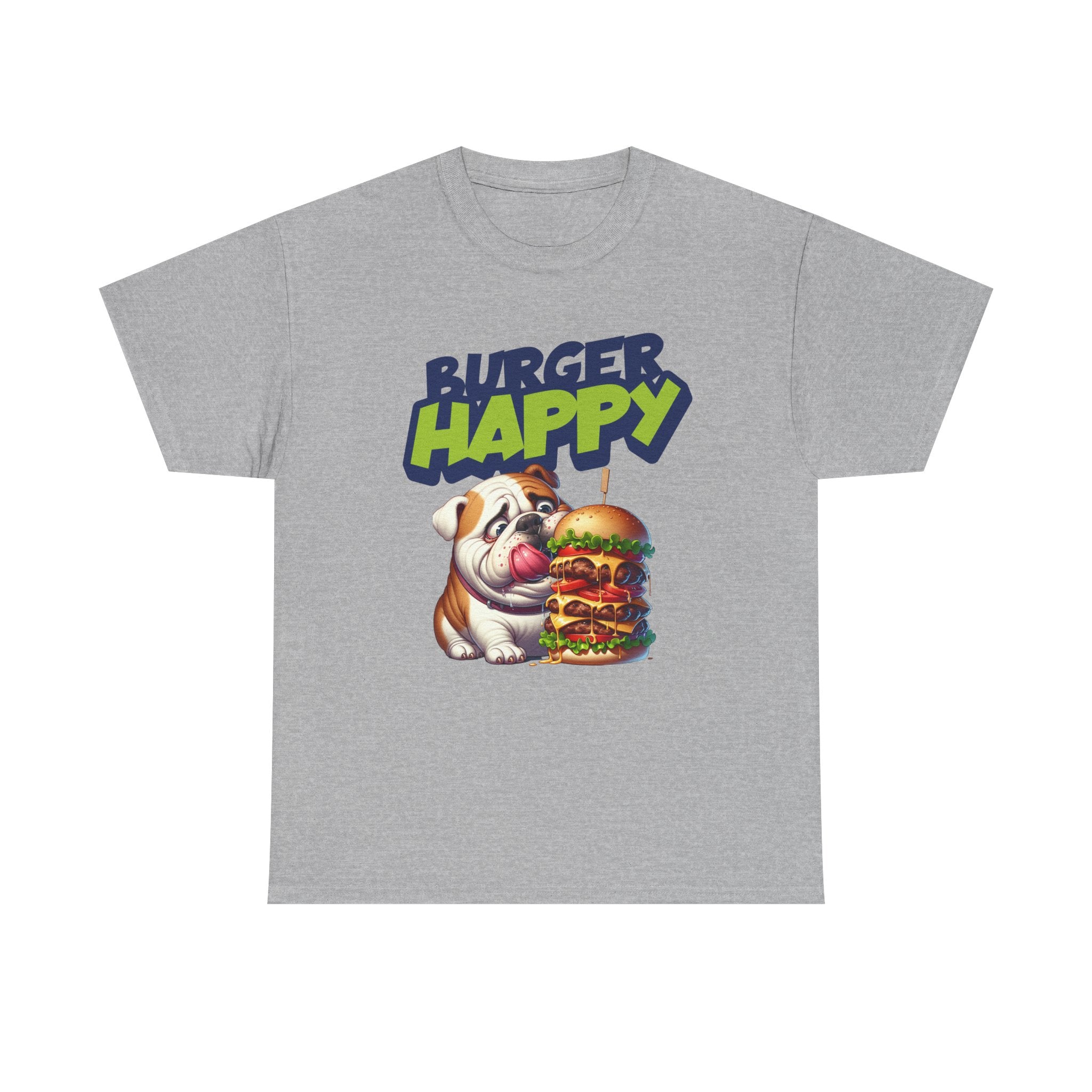 Burger Happy Bulldog T-Shirt — Cute Bulldog with Giant Burger Graphic