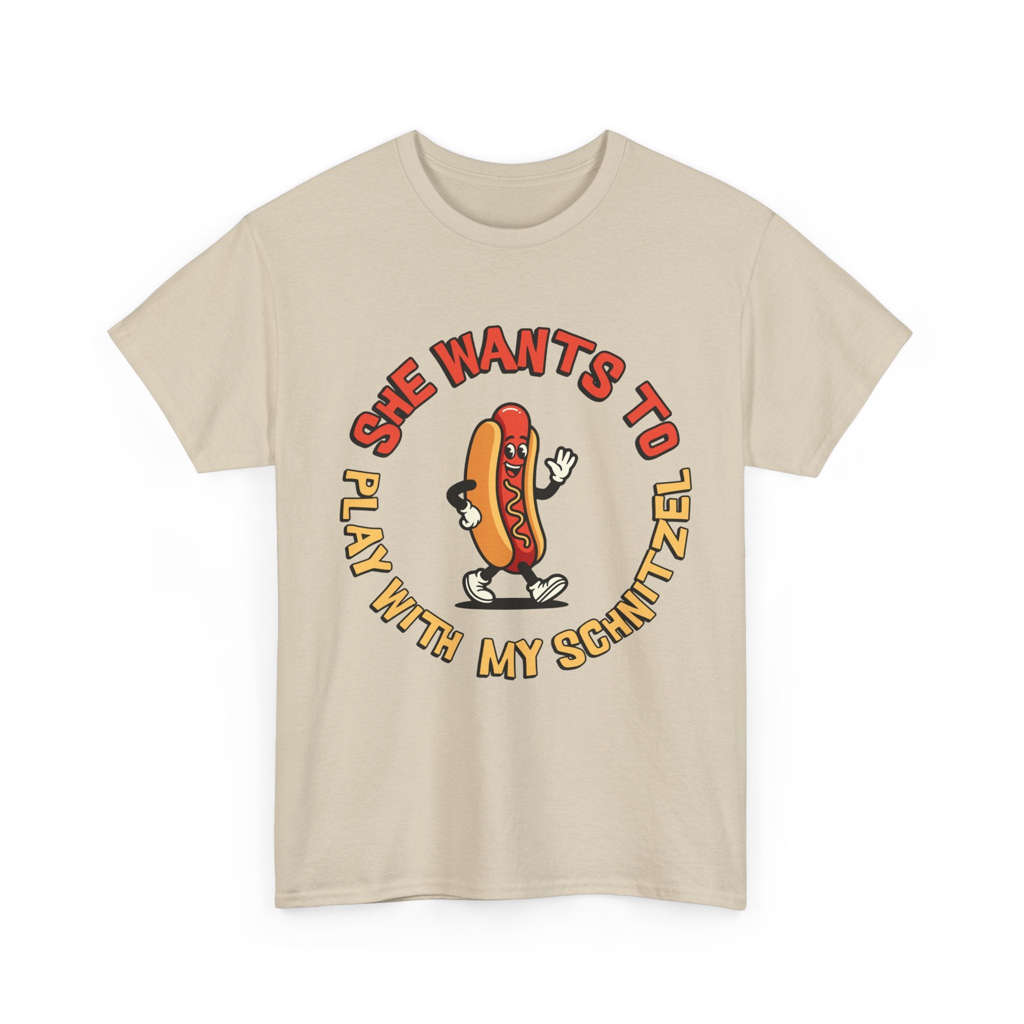 Hot Dog Graphic Tee - "She Wants To Play With My Schnitzel" Funny Retro Food Shirt