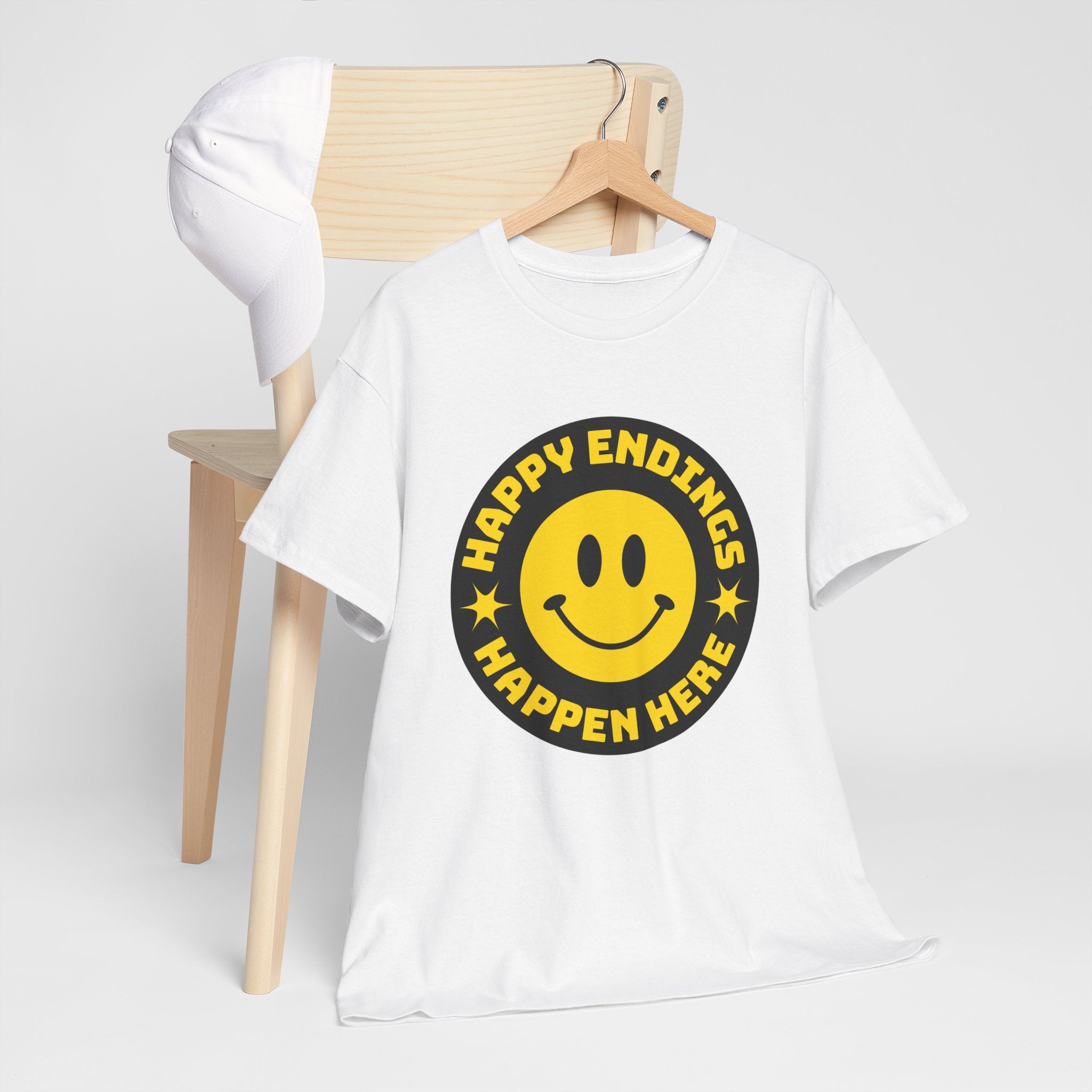 Happy Endings Happen Here – Funny Smiley Face T-Shirt