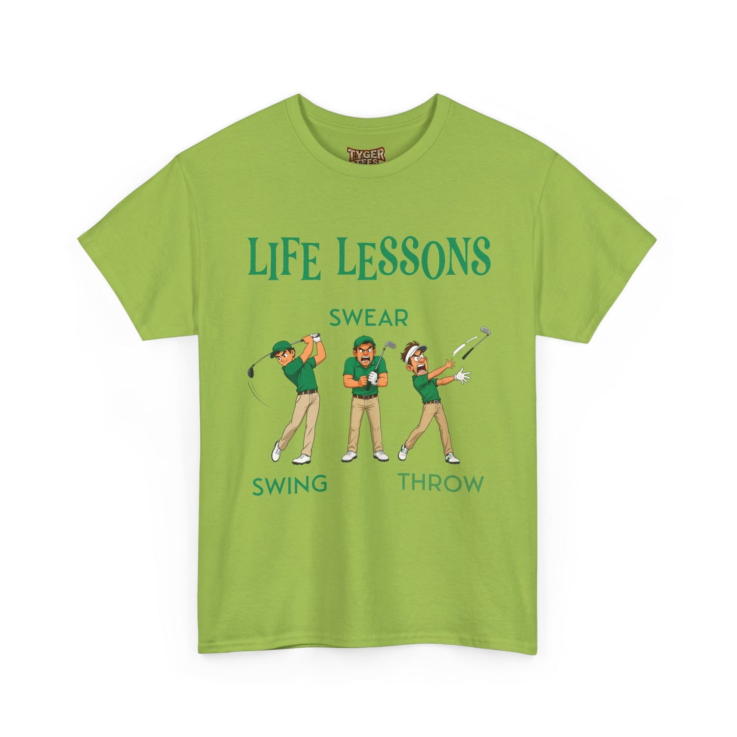 Golf T-Shirt — "Life Lessons: Swear, Swing, Throw" Funny Golfer Tee