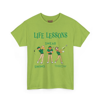 Golf T-Shirt — "Life Lessons: Swear, Swing, Throw" Funny Golfer Tee