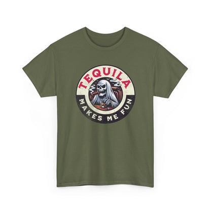 Tequila Makes Me Fun T-Shirt – Funny Party Graphic Tee with Skull &amp; Bottle Design