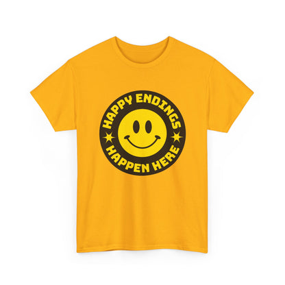 Happy Endings Happen Here – Funny Smiley Face T-Shirt