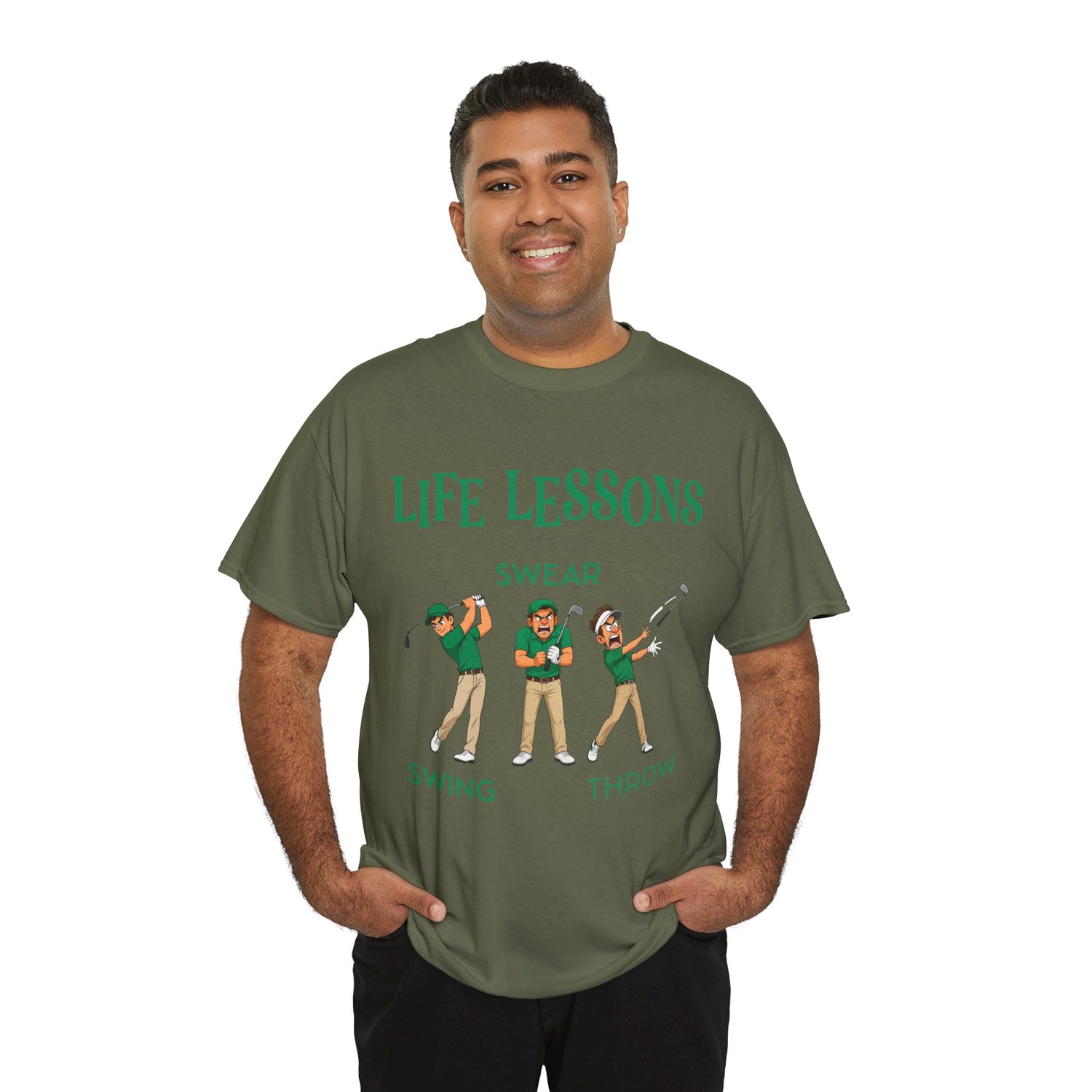 Golf T-Shirt — "Life Lessons: Swear, Swing, Throw" Funny Golfer Tee