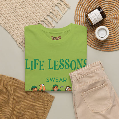 Golf T-Shirt — "Life Lessons: Swear, Swing, Throw" Funny Golfer Tee