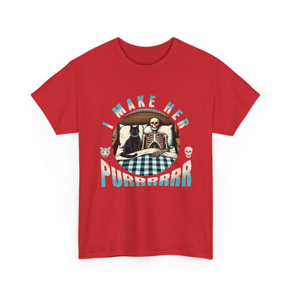Skeleton Cat Tee — "I Make Her Purrrrrr" Funny Gothic Halloween Shirt