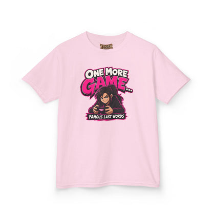 Kids Tee — "One More Game... Famous Last Words" Gaming Graphic Shirt