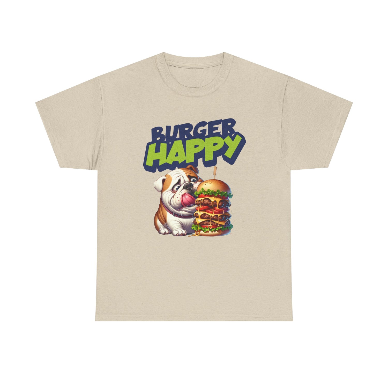 Burger Happy Bulldog T-Shirt — Cute Bulldog with Giant Burger Graphic