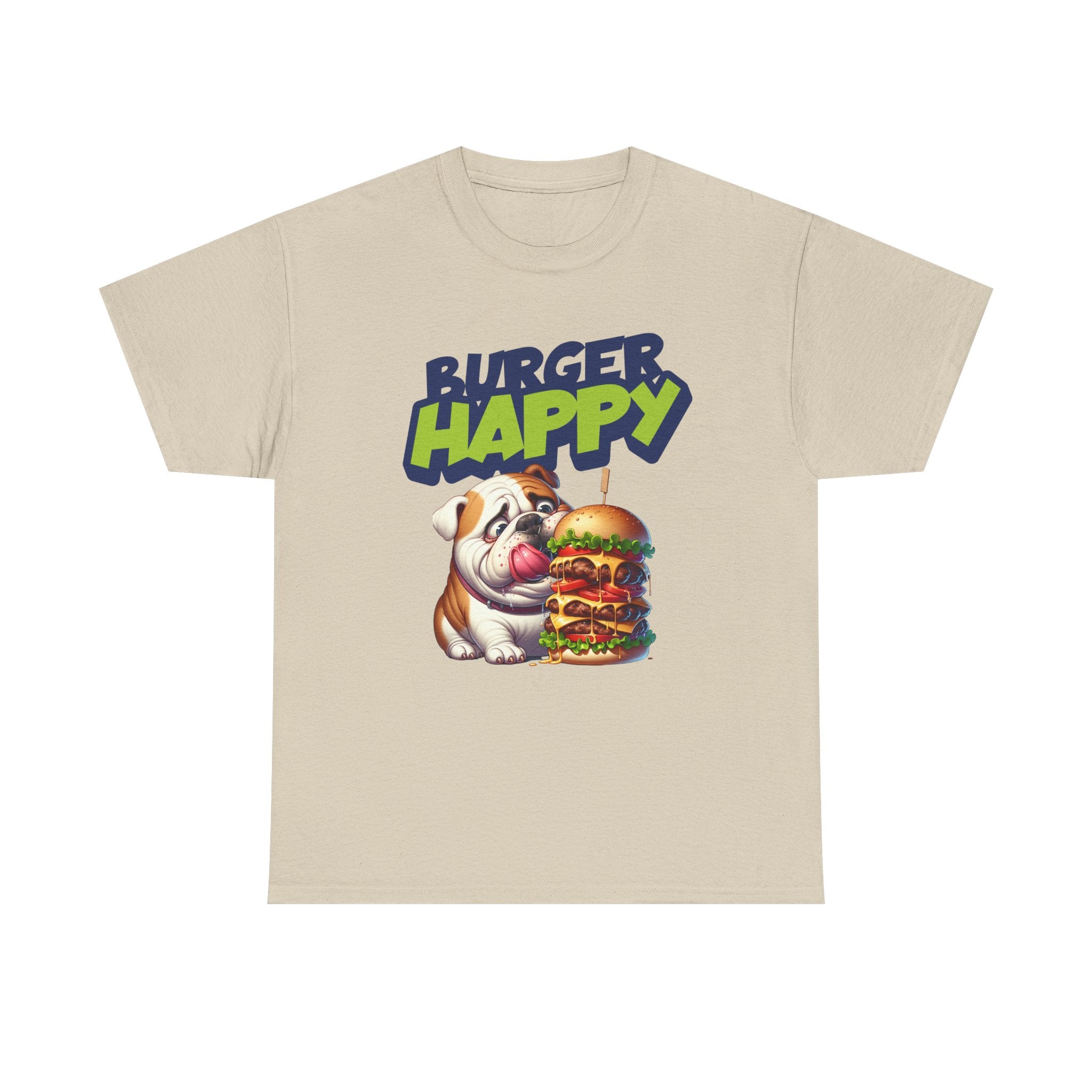 Burger Happy Bulldog T-Shirt — Cute Bulldog with Giant Burger Graphic