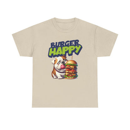 Burger Happy Bulldog T-Shirt — Cute Bulldog with Giant Burger Graphic