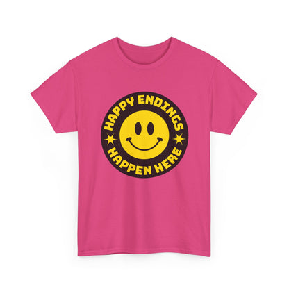 Happy Endings Happen Here – Funny Smiley Face T-Shirt