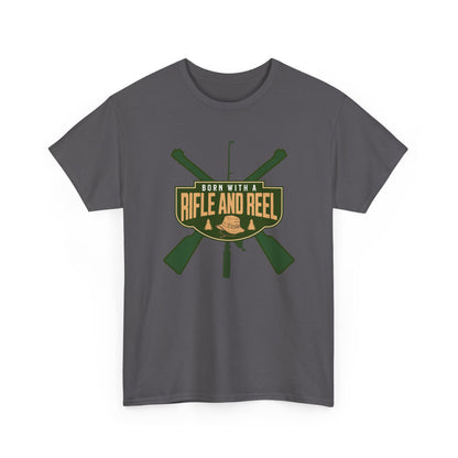 Rifle and Reel T-Shirt — "Born With a Rifle and Reel" Hunting &amp; Fishing Graphic Tee