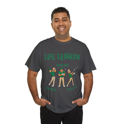 Golf T-Shirt — "Life Lessons: Swear, Swing, Throw" Funny Golfer Tee