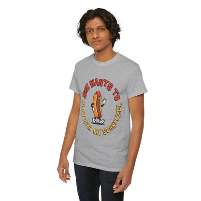 Hot Dog Graphic Tee - "She Wants To Play With My Schnitzel" Funny Retro Food Shirt