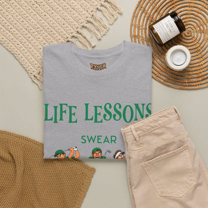 Golf T-Shirt — "Life Lessons: Swear, Swing, Throw" Funny Golfer Tee