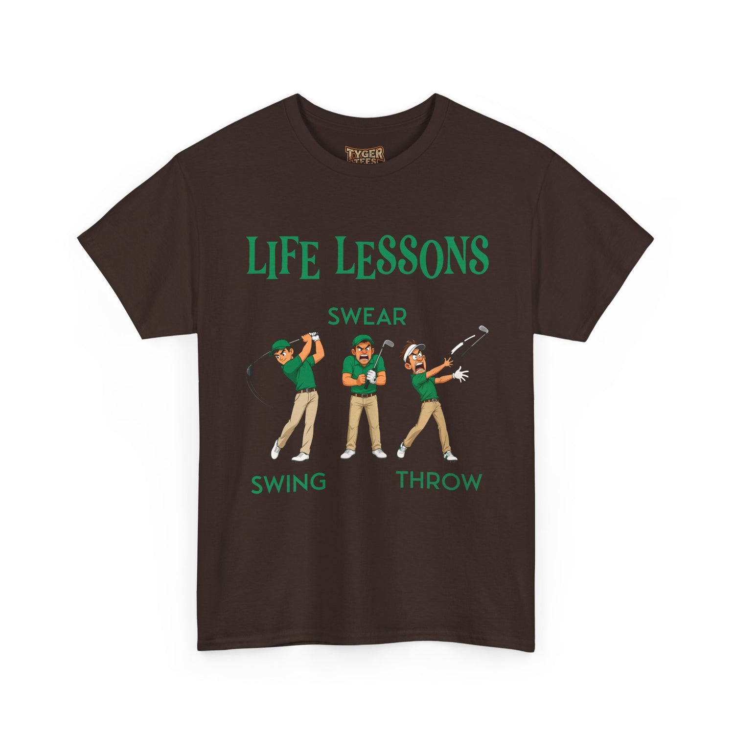 Golf T-Shirt — "Life Lessons: Swear, Swing, Throw" Funny Golfer Tee