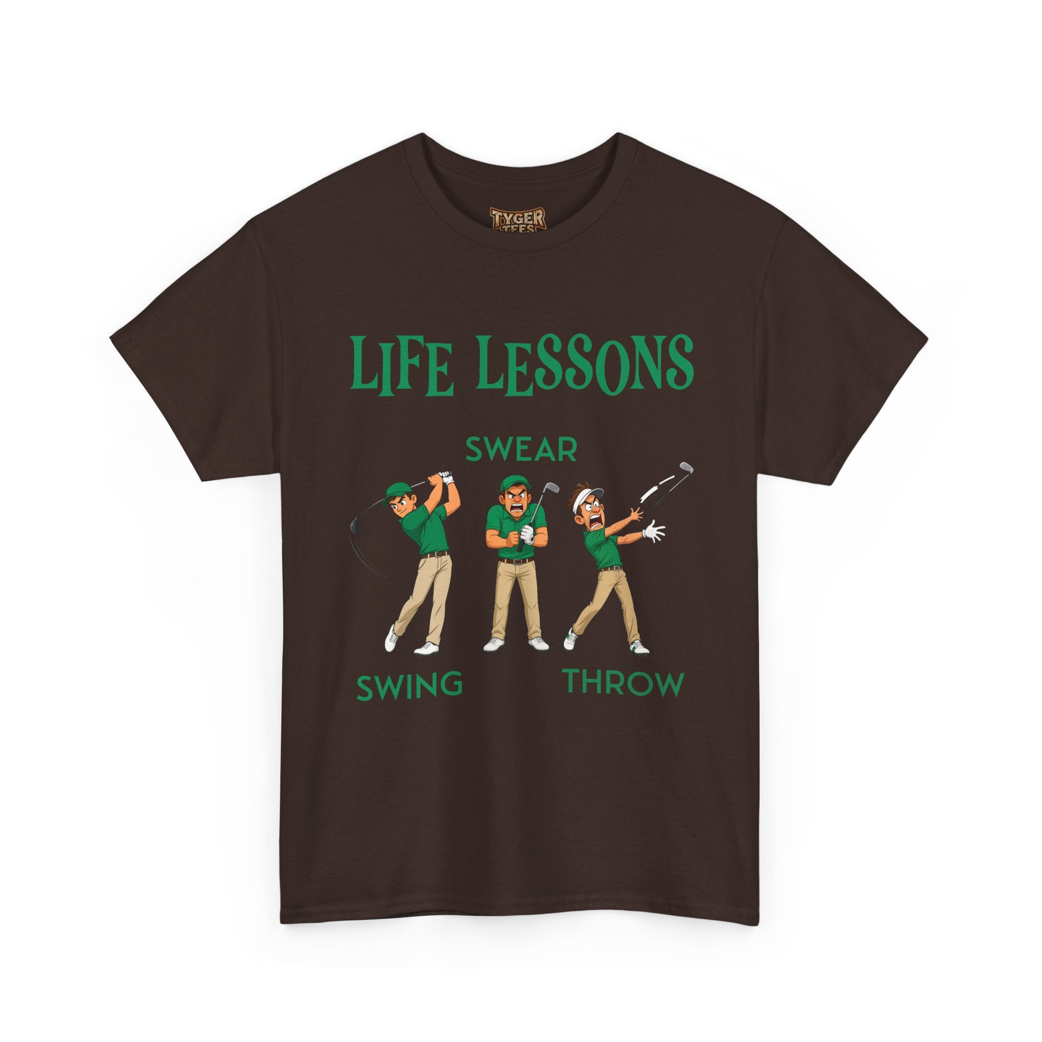Golf T-Shirt — "Life Lessons: Swear, Swing, Throw" Funny Golfer Tee