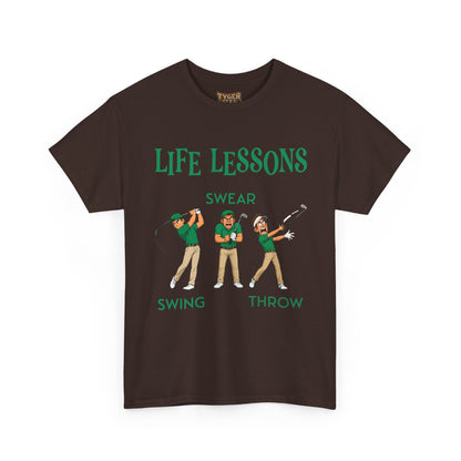 Golf T-Shirt — "Life Lessons: Swear, Swing, Throw" Funny Golfer Tee