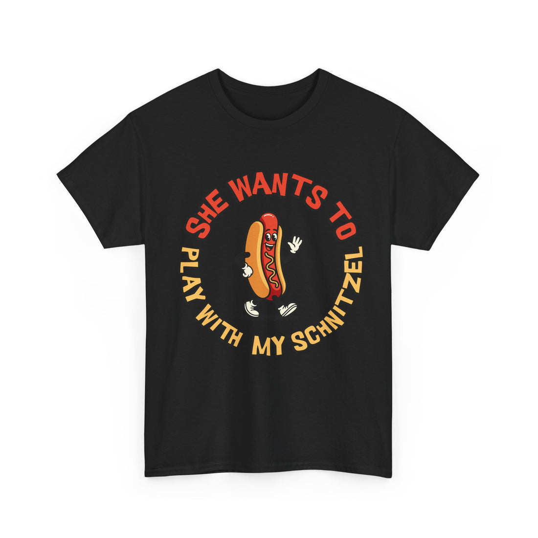 Hot Dog Graphic Tee - "She Wants To Play With My Schnitzel" Funny Retro Food Shirt