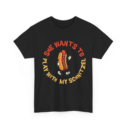 Hot Dog Graphic Tee - "She Wants To Play With My Schnitzel" Funny Retro Food Shirt